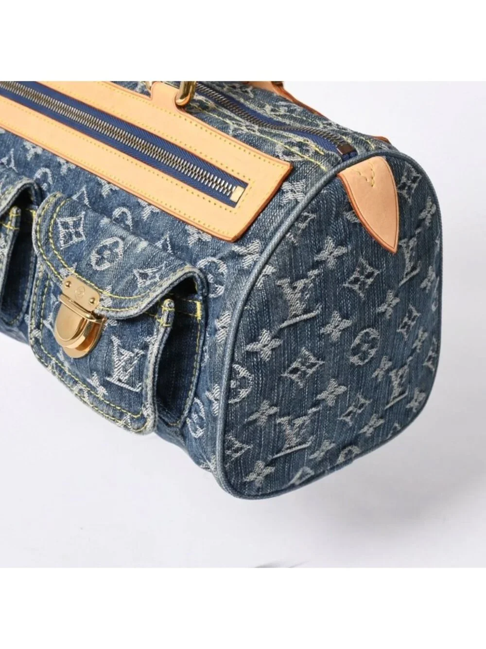 Louis Vuitton Neo Speedy Handbag Monogram Denim Indigo Blue Gold